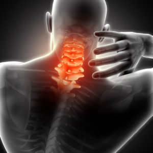A computer-rendered x-ray view of a man with neck pain